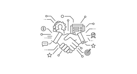 Two stylized hands engage in a firm handshake surrounded by digital interface elements symbolizing technological partnership, financial agreement, and goal achievement.