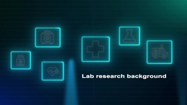 Scientific laboratory research background animation showcasing glowing chemical flask and medical symbols on dark electronic technology network interface.
