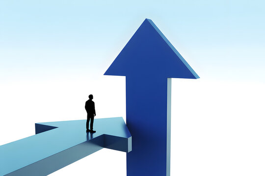 Silhouette standing on narrow bridge to giant upward arrow &mdash; stepping into leadership, growth leap and vertical advancement visualization