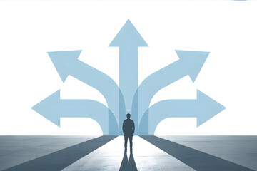 Fototapeta premium Person facing multiple diverging arrows and a central tall arrow — choice overload, strategic options and selecting a clear path concept