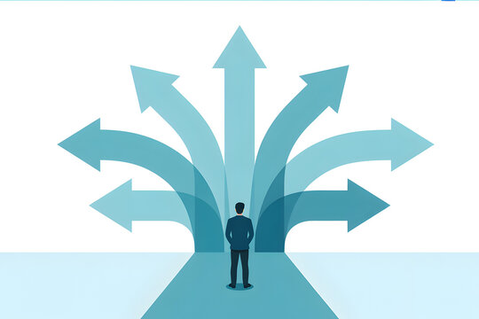 Person facing multiple diverging arrows and a central tall arrow &mdash; choice overload, strategic options and selecting a clear path concept