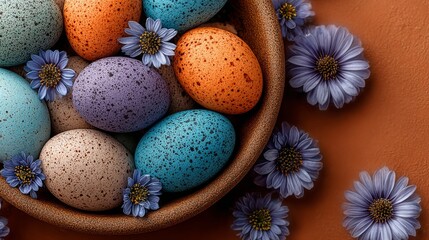Obraz premium A minimalist Easter still life featuring speckled eggs in a textured clay bowl. Vibrant tones of blue, yellow, and terracotta contrast against a modern, two-tone background for a rustic-chic vibe.