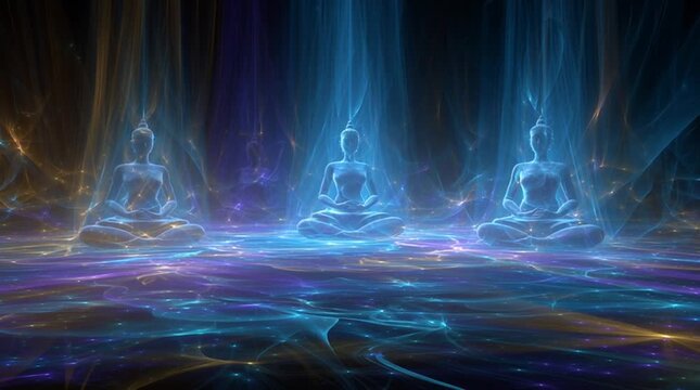 Abstract spiritual energy field inspired by Hindu philosophy, expressed through flowing light, symmetry, and subtle patterns, evoking a sacred atmosphere without literal figures.
