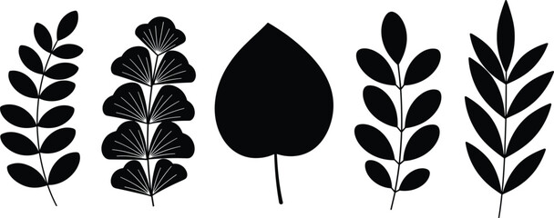 Black leaf silhouette collection featuring various botanical shapes like ginkgo, heart leaf, and fern branches isolated on white background vector. © Empowerment angle 
