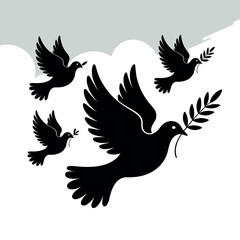 Fototapeta premium A group of black doves flying in the sky with olive branches