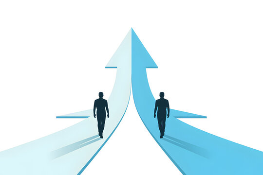 Two silhouettes merging into a single upward arrow path &mdash; unification, collaboration and joint leadership driving one direction concept