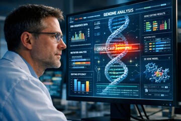Obraz premium Scientist wearing glasses and a lab coat is intently focusing on a computer screen displaying complex biological data, including DNA sequences, CRISPR Cas9 editing, and 3D gene models