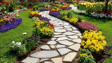 Obraz premium Winding flagstone pathway bordered by vibrantly colored flowers and lush green lawn