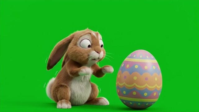 Terrified 3D Brown Bunny Shaking in Fear Next to Spinning Pastel Patterned Easter Egg on Green Screen 4K Seamless Loop