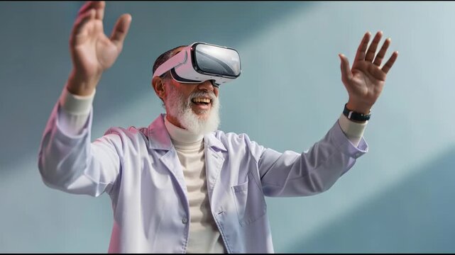 Adult caucasian man in virtual reality glasses smiling and reaching out hands in an interactive 3d simulation. Immersive experience for futurism.