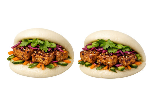 Two vegan bao buns with grilled tofu and fresh vegetables