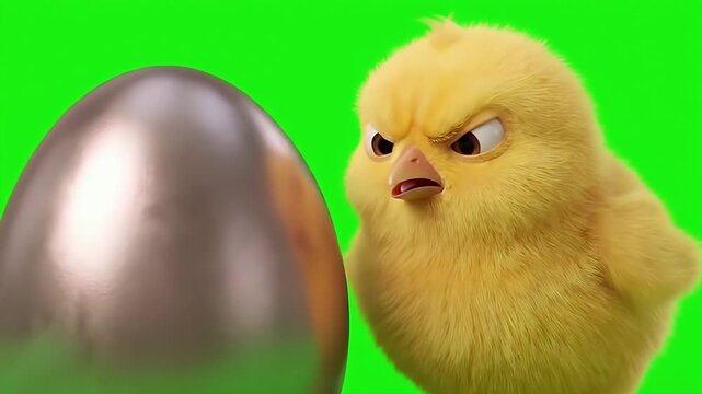 Angry 3D Yellow Chick Hurting Beak while Pecking Large Metallic Silver Easter Egg on Green Screen 4K Animation