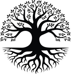 Obraz premium Tree of life with roots and leaves black silhouette vector illustration