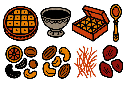Festive Dessert Icons. Festive Dessert Platter silhouette set: mithai tray, silver bowl, sweets box, decorative spoon, dry fruits, nuts mix, saffron threads, rose petals