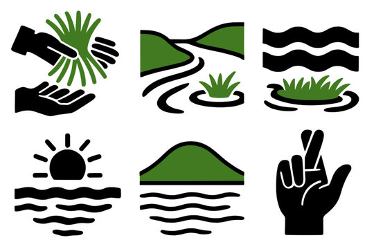 Sabzeh Ritual Icons. Sabzeh Release Ritual silhouette set: hands tossing sabzeh, riverbank, water flow, floating grass, sunlight reflection, green hill, calm water, symbolic