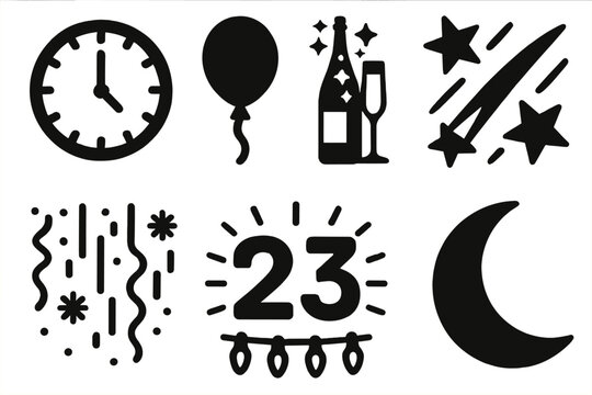 Festive Celebration Icons. Festive Midnight Moment silhouette set: party clock, balloon, sparkling champagne, shooting stars, confetti rain, glowing digits, celebration lights,