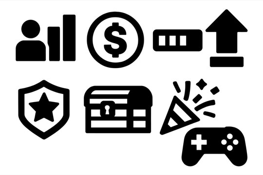 Gamified Icon Set. Gamified Rewards silhouette set: leaderboard, coin reward, progress bar, level-up arrow, digital badge, treasure chest, celebration icon, gaming controller