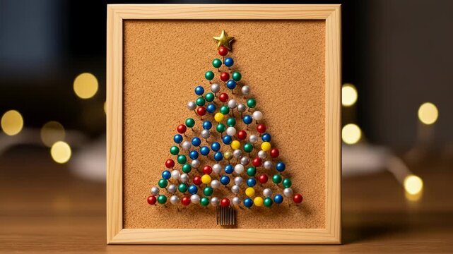 A framed corkboard with a Christmas tree made of colorful beads on a wooden table