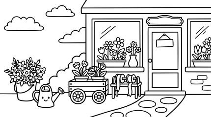 Fototapeta premium Black and white line art garden shop exterior with potted flowers watering can and ribbon dispenser in flat outline style