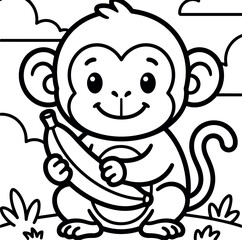Obraz premium Cute smiling cartoon monkey holding a large banana sitting on grassy hill with clouds in background line art vector
