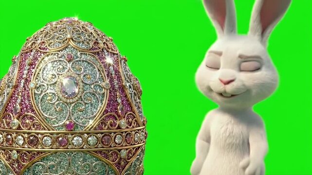 Happy White 3D Bunny Gesturing Proudly and Presenting a Luxury Jeweled Diamond Easter Egg on Chroma Key Green Screen 4K