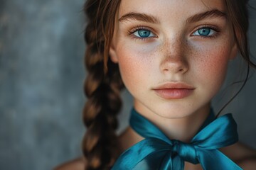 Young woman with teal ribbon expresses beauty and confidence in a close-up portrait set against a grey background highlighting her features and vibrant blue eyes