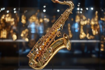 Obraz premium Gold saxophone highlighted in a music exhibit showcasing various musical instruments from different eras and styles at a cultural venue