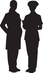 Fototapeta premium Two silhouetted people standing indoors facing each other in discussion