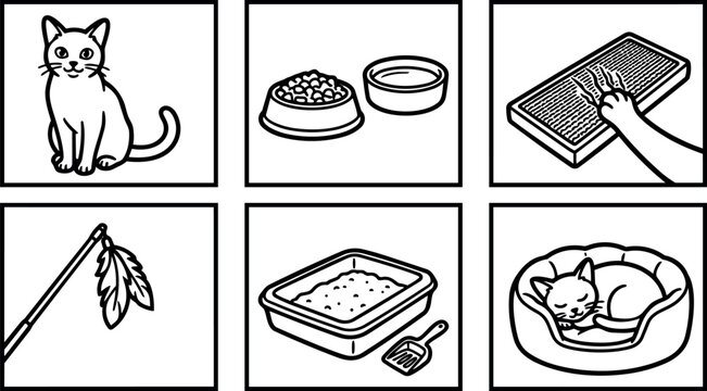 Black and white vector line art set showing cat sitting playing scratching board feeding and sleeping in pet bed