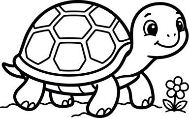 Fototapeta premium Cute smiling turtle walking near a small flower black and white line art vector drawing illustration