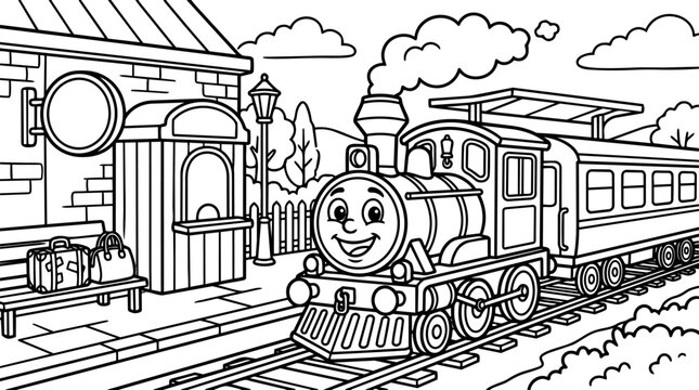 Black and white vector art smiling steam train engine arriving at platform with luggage on bench and background landscape scene
