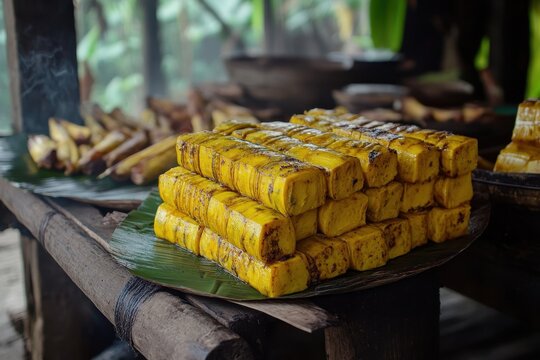 Traditional otak otak preparation in a local kitchen showcasing the grilling process with vibrant yellow fish cakes piled on banana leaves