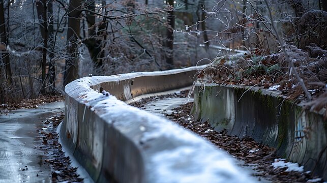 Abandoned bobsled track stands still in snowy forest landscape