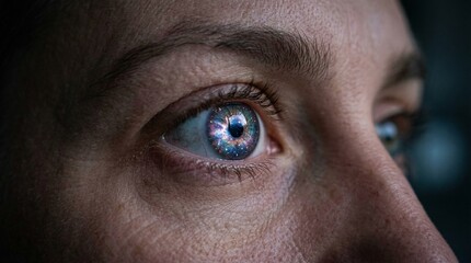 Fototapeta premium Contemplative eyes reflecting starry nebula, introspective