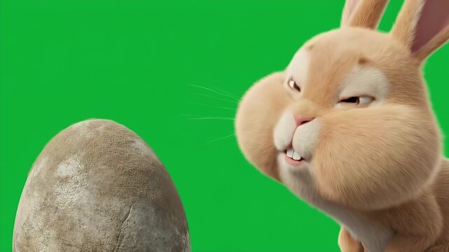 Adorable 3D Tan Bunny with Puffed Cheeks Blowing Dust off a Stone Easter Egg on Chroma Key Green Screen 4K Seamless Loop