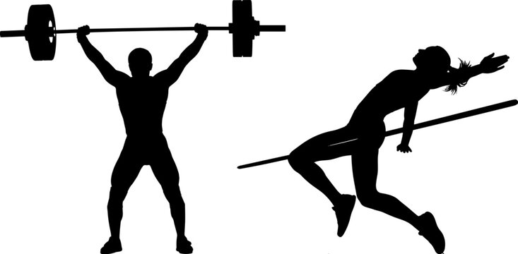 Black silhouettes of a male weightlifter lifting a heavy barbell and a female athlete throwing a javelin isolated on white background for sports.