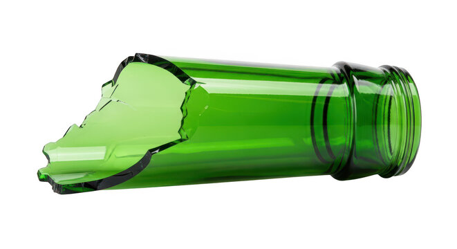Broken green glass bottle on transparent background with jagged edge
