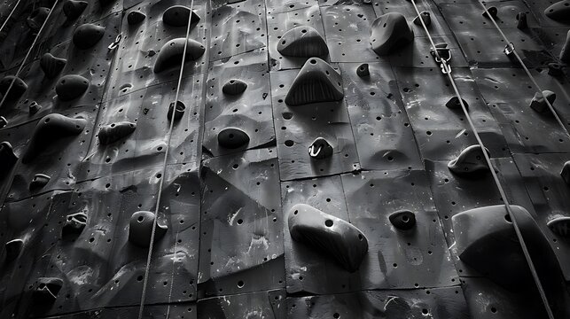 Indoor rock climbing wall with various holds and ropes for ascending