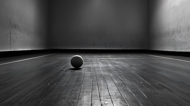 A single squash ball sits alone on a dark wooden squash court floor with white lines