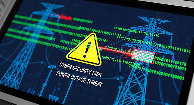 Cybersecurity warning with power grid imagery and binary code on transparent background