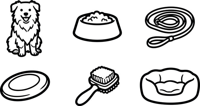 Black and white line art dog with puppy bowl leash frisbee brush and pet bed icons simple cartoon style vector
