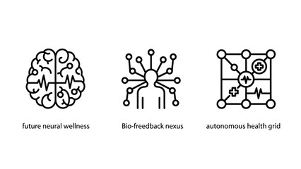 Future neural wellness and autonomous health grid icons: brain, biofeedback, and digital medical technology