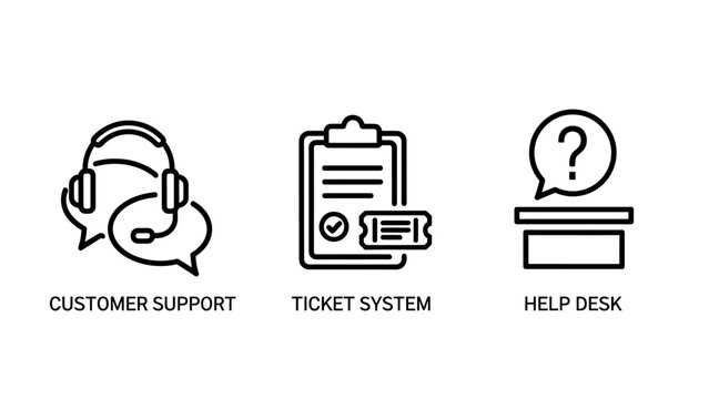 Customer support, ticket system, and help desk line icons for online service and assistance centers