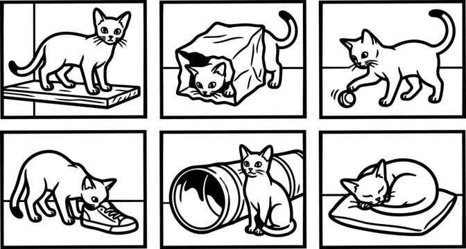 Black and white line art six panel cat playing with shoe tube ball and resting on pillow vector illustration