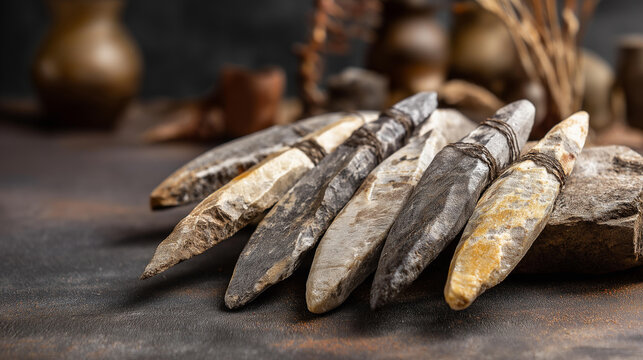 Primitive handcrafted stone spearheads arranged artistically on a dark rustic surface, warm natural lighting, defocused organic background, primitive stone tools, spearhead