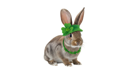 Obraz premium A Cute Easter Bunny Wearing Green Accessories on a White Background