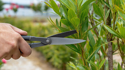 Fototapeta premium Faceless gardener sharpening a pruning shear blade with a file outdoors beside growing plants, defocused garden landscape, garden pruner sharpening, file sharpening outdoor,