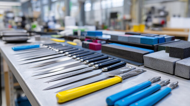 Wide shot of an organized professional knife sharpening service bench &mdash; multiple whetstones of different grits, honing rods, and knives laid out in order, defocused workshop