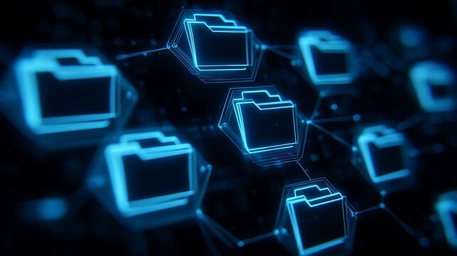 Dynamic Digital Data Network Visualization: Secure Cloud Storage and Information Management System with Interconnected Glowing Folder Icons Representing Advanced Technology Solutions