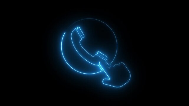 Neon Click to Call Phone icon with Hand Cursor Blue Glow Line Symbol for Contact Communication App.